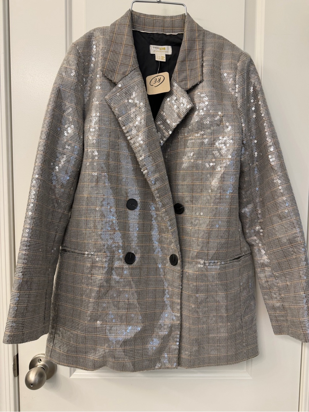 Maeve Glitter Plaid Double-Breasted Blazer - Silver Gray